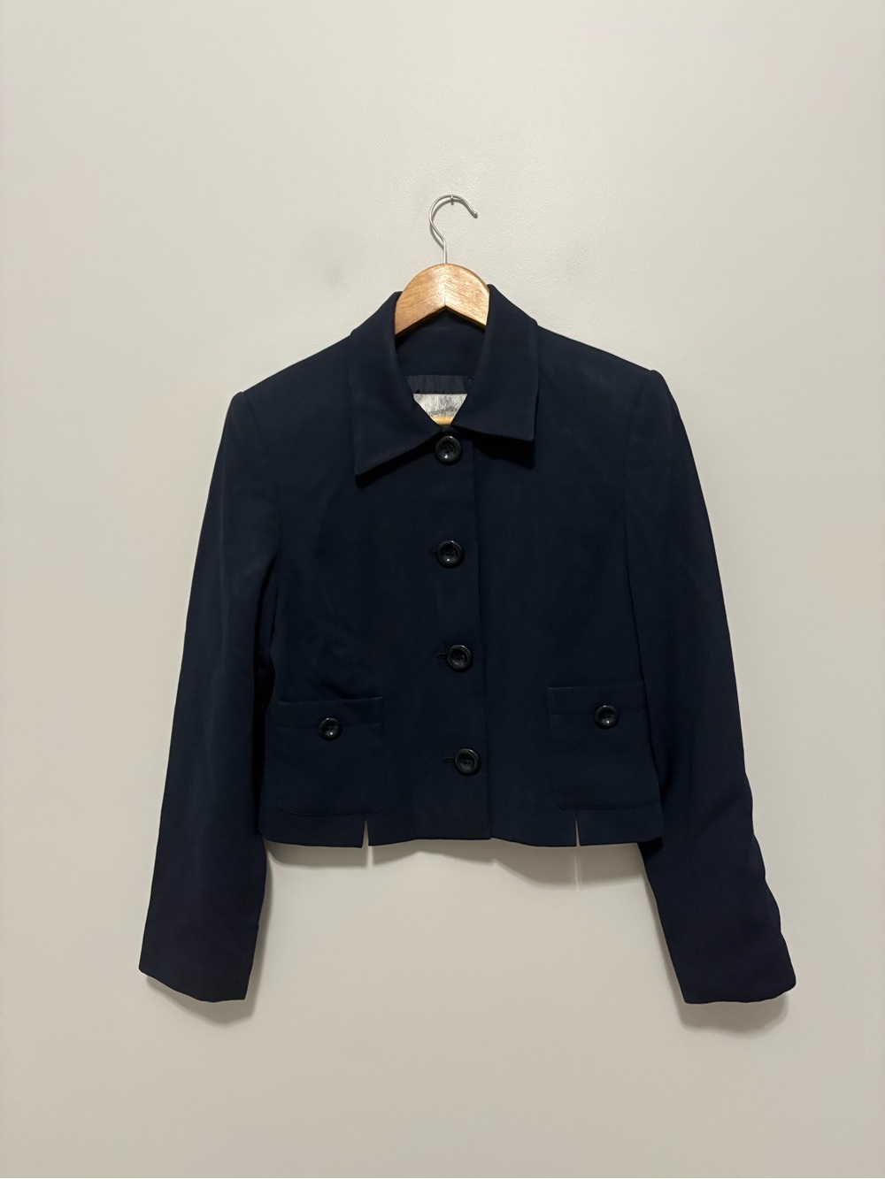 Vintage Jacqueline Ferrar Chic Old Money  Navy Ribbed Pea Style Cropped Jacket